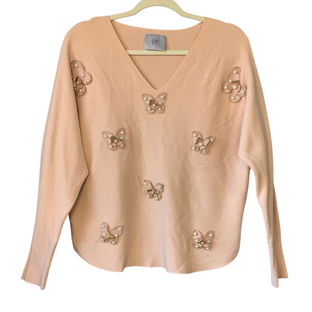 LIV Milano Peach Ribbed V Neck Butterfly Pearl Embellished Sweater‎ Women's M